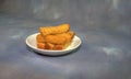 Fresh wheat croutons on a white round plate on a gray abstract background Royalty Free Stock Photo