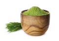 Fresh wheat grass and bowl with powder on white Royalty Free Stock Photo