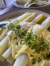 Fresh white asparagus from Beelitz on a plate with sauce hollandaise Royalty Free Stock Photo