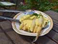 Fresh white asparagus from Beelitz on a plate with sauce hollandaise and asparagus tongs Royalty Free Stock Photo