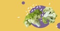 Fresh white cauliflower isolated on abstract colorful background. Organic food. Healthy food concept. Collage banner design Royalty Free Stock Photo