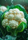 Fresh White Cauliflower with Water Drops in Garden