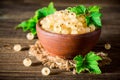 Fresh white currant in ceramic bowl on dark wooden background. Royalty Free Stock Photo