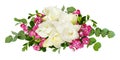 Fresh white freesia and small pink flowers with eucalyptus leave