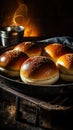 Fresh white hamburger buns with shiny tops