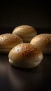 Fresh white hamburger buns with shiny tops