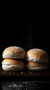 Fresh white hamburger buns with shiny tops