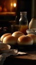 Fresh white hamburger buns with shiny tops