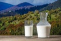 Fresh white milk in a jug and glass on wooden table with the autumn Carpathian mountains background, closeup. Dairy product Royalty Free Stock Photo