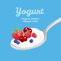 Fresh white milk yogurt with berries in a spoon on a blue background. Vector illustration of healthy organic food Royalty Free Stock Photo