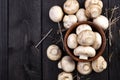 Fresh white mushrooms champignon in bowl on dark wooden background. Top view. Copy space. Royalty Free Stock Photo