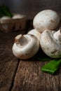 Fresh white mushrooms champignon in brown bowl on wooden background. Top view. Royalty Free Stock Photo