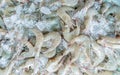 Fresh white shrimps on crushed ice for sale in market. Raw prawns for cooking in seafood restaurant. Sea food industry. Shellfish Royalty Free Stock Photo