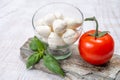 Fresh white soft mini mozzarella balls served with red tomato and fresh green basil
