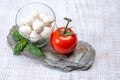 Fresh white soft mini mozzarella balls served with red tomato and fresh green basil