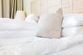 Fresh white towel pile in the upscale hotel room. Being alone, getaway, staycation, digital detox, trip, vacation