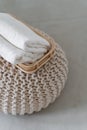 Fresh white towels on decorative stand in bathroom Royalty Free Stock Photo