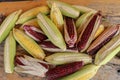Fresh white, yellow and Siam Ruby Queen or Red corn on cobs on wooden table. Close up, top view. Fresh young corns ears with leave Royalty Free Stock Photo