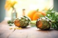 fresh whole artichokes on wooden surface Royalty Free Stock Photo