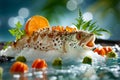 Fresh Whole Fish Adorned with Citrus and Herbs, Gourmet Seafood Presentation on Ice with Vegetables