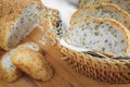 Fresh whole grain bread or rye bread slice with tea cup and fruit on rustic wooden table . selective focus. Royalty Free Stock Photo