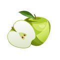Fresh whole, half of green apple isolated on white background. Vegan food vector icons in a trendy cartoon style Royalty Free Stock Photo