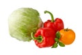 Fresh whole iceberg salad, red paprika and yellow tomato with water drops, basil leaves isolated on white background