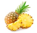 Fresh whole pineapple with a juicy slice isolated on white