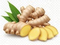 Fresh Whole and Sliced Ginger Root with Green Leaves on White Background Royalty Free Stock Photo