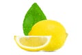 Fresh whole and sliced lemon with leaf and water drops isolated on white background with clipping path Royalty Free Stock Photo