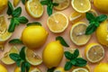 Fresh Whole and Sliced Lemons with Mint Leaves on Pastel Background - Citrus Fruit Pattern for Healthy Eating Concepts Royalty Free Stock Photo