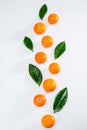 Fresh whole tangerines and leaves on white