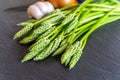 Fresh wild asparagus on a slate with garlic and onion -ready to Royalty Free Stock Photo