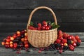 Fresh wild berries in wicker basket on wooden background Royalty Free Stock Photo