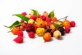 Fresh wild forest tropical exotic berries with leaf on books, isolate on white background. AI generated.
