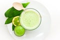 Fresh wild garlic soup on white plate and background overhead shoot Royalty Free Stock Photo