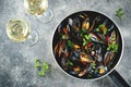 Fresh wild mussels in shells with green onions, garlic, parsley, chili pepper, white wine and olive oil. Royalty Free Stock Photo