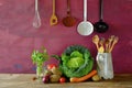 Fresh winter cabbage,various vegetables,kitchen utensils,food ingredients, cooking concept,copy space Royalty Free Stock Photo