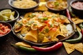 Fresh yellow corn nacho chips on ceramic plate