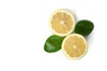 Fresh yellow lemon with green leaf on white background