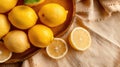 Fresh yellow lemon slices on hessian tablecloth - generative AI