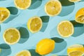 Fresh Yellow Lemons with Green Leaves on Pastel Background Royalty Free Stock Photo
