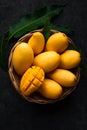 Yellow Mango Beautiful skin In the basket Blackboard background Royalty Free Stock Photo