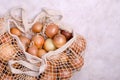 Fresh yellow onions in a knitted bag Royalty Free Stock Photo