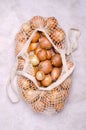 Fresh yellow onions in a knitted bag Royalty Free Stock Photo