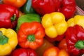 Fresh yellow, orange, green and red organic bell peppers capsicum Royalty Free Stock Photo