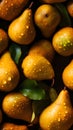 Fresh yellow pears with water drops seamless closeup background and texture, neural network generated image