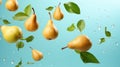 Fresh yellow raw pear falling in the air on blue background. Food zero gravity conception.