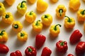 Fresh yellow and red bell peppers on a white background top view. Banner for a vegetable shop. Generative AI