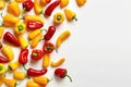 Fresh yellow and red bell peppers on a white background top view. Banner for a vegetable shop. Generative AI